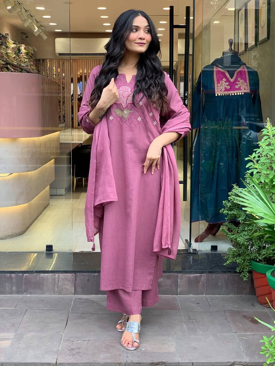 Cotton Embroidered Kurta Pant with Chanderi Dupatta Set