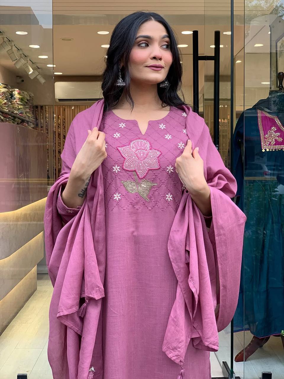 Cotton Embroidered Kurta Pant with Chanderi Dupatta Set