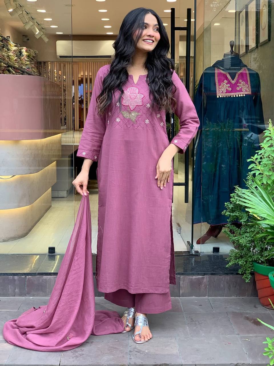 Cotton Embroidered Kurta Pant with Chanderi Dupatta Set