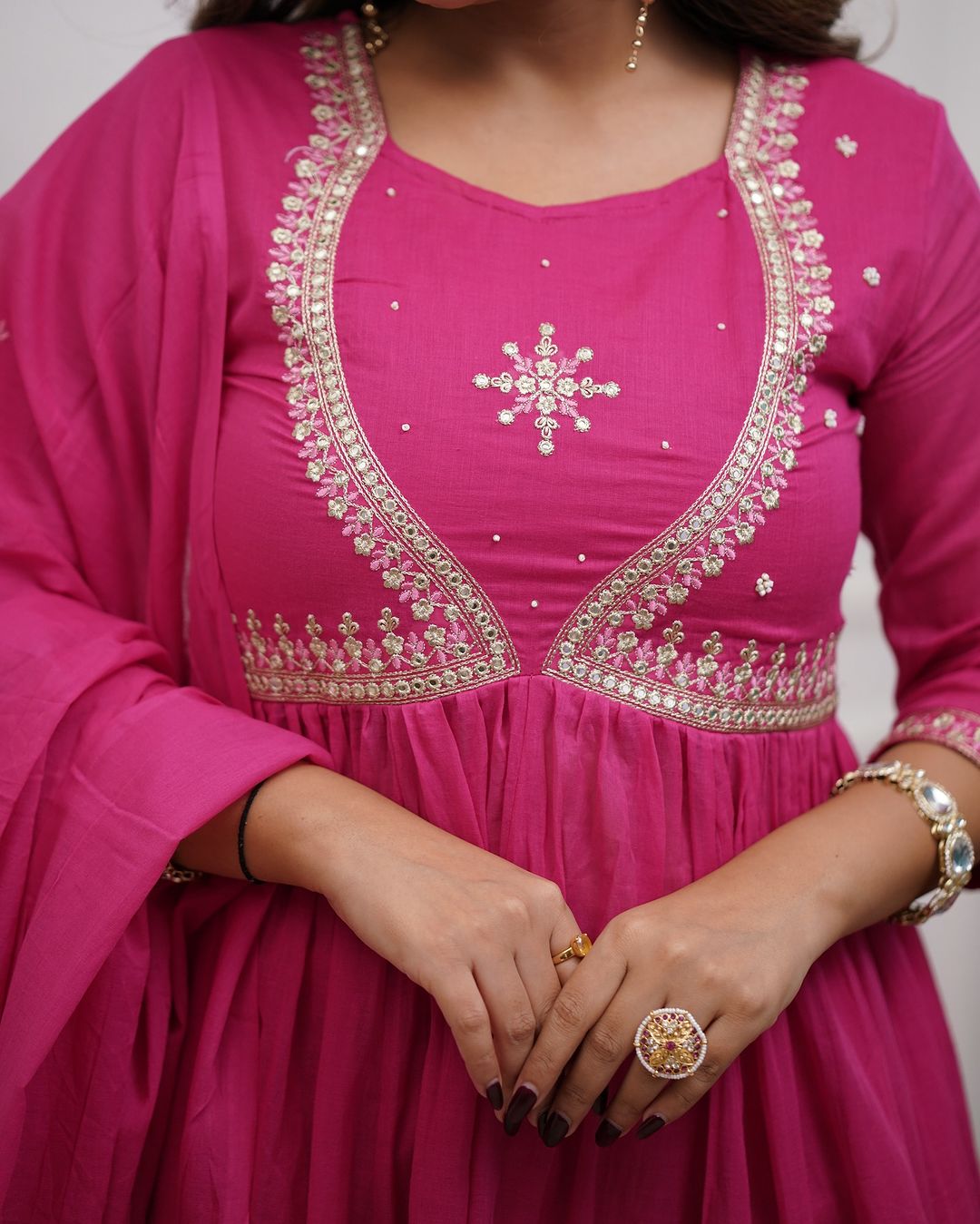 Elegant Muslin Cotton Embroidered Anarkali Gown Set with Chanderi Dupatta