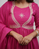 Elegant Muslin Cotton Embroidered Anarkali Gown Set with Chanderi Dupatta