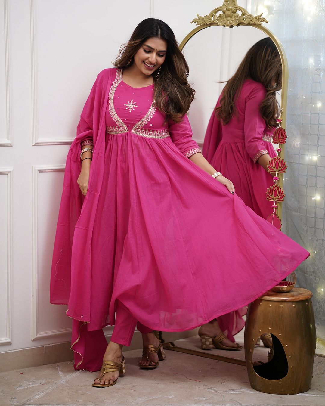 Elegant Muslin Cotton Embroidered Anarkali Gown Set with Chanderi Dupatta