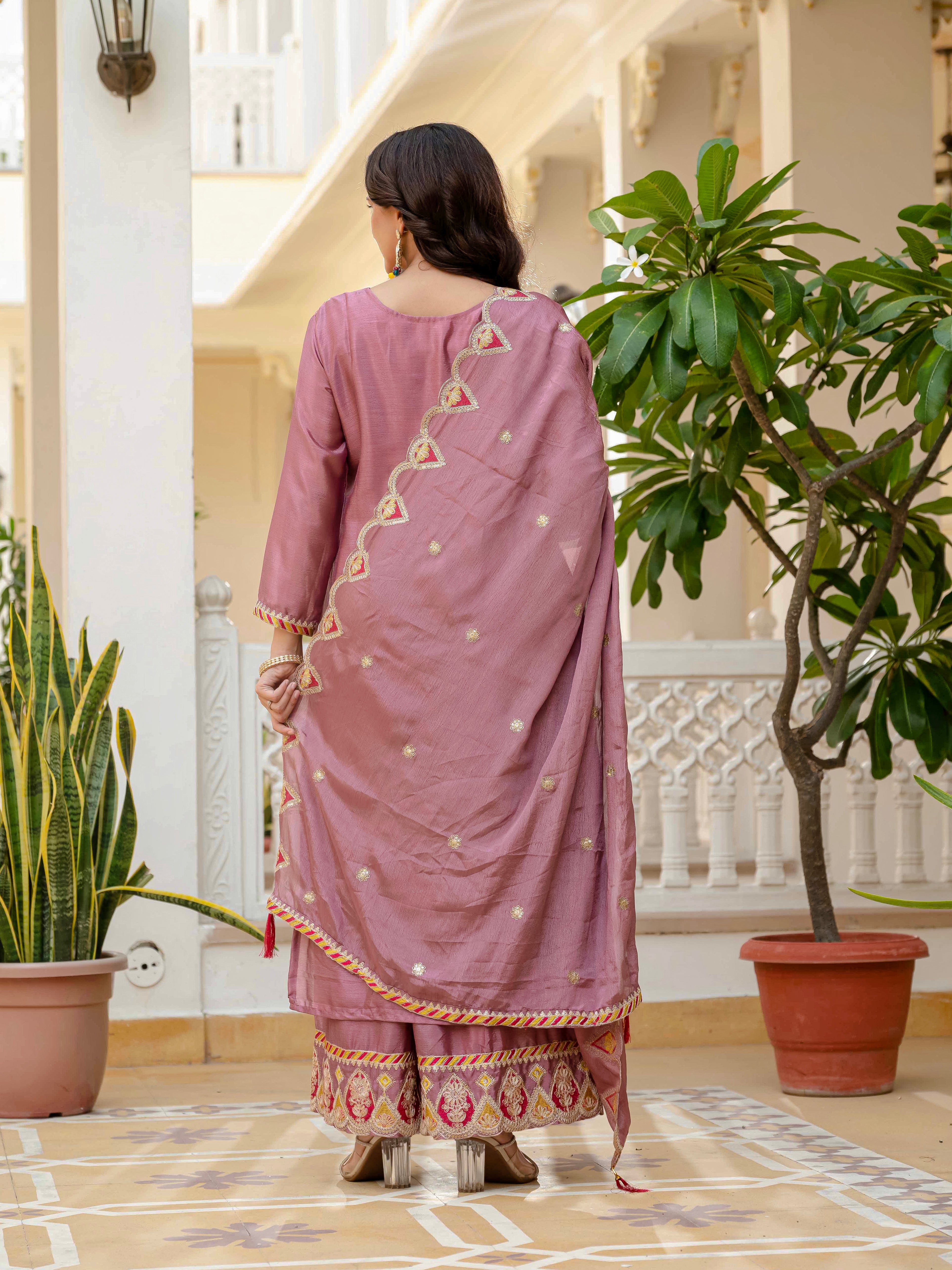Designer Sequence Embroidery Top with Palazzo & Dupatta