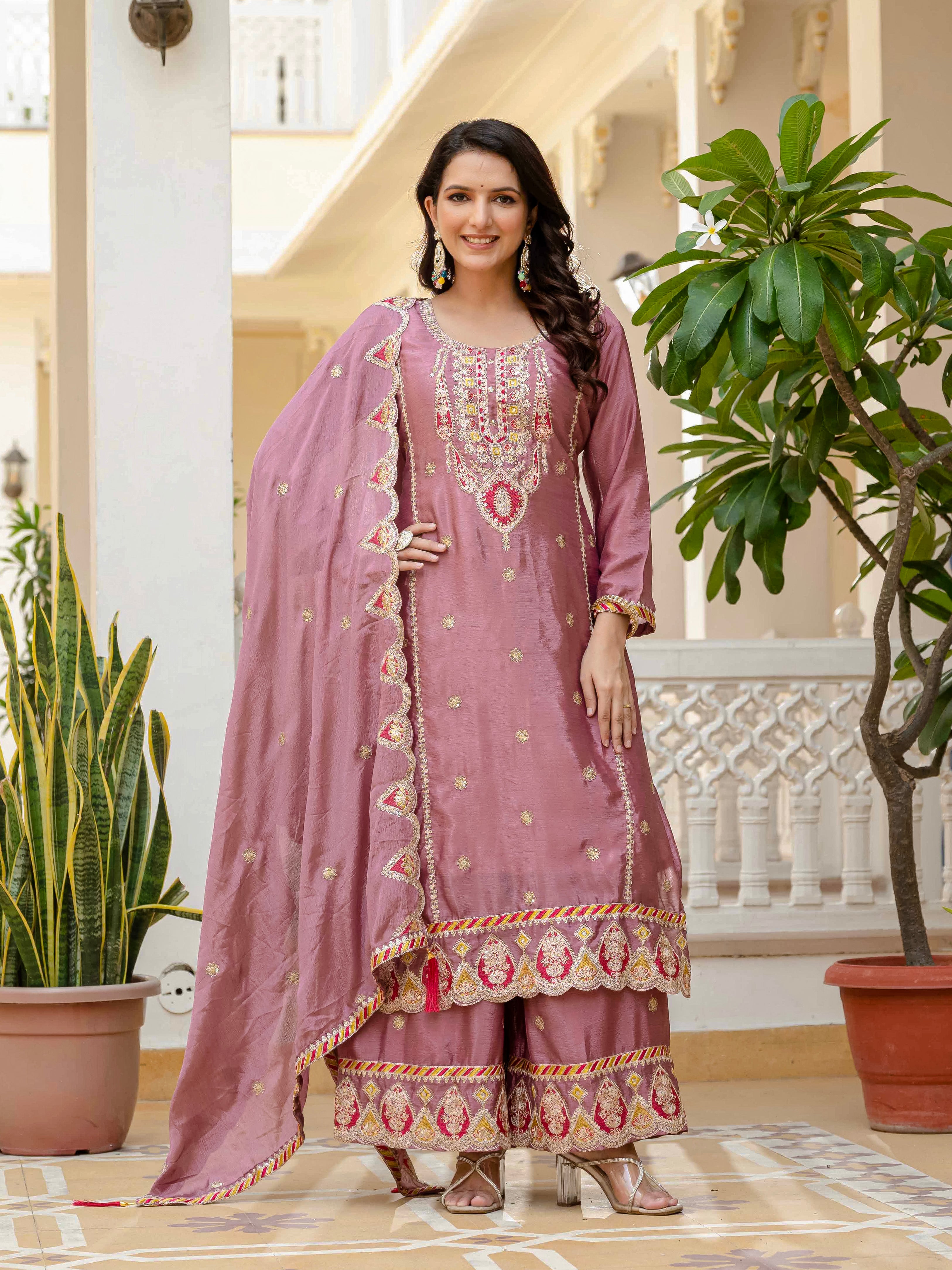 Designer Sequence Embroidery Top with Palazzo & Dupatta
