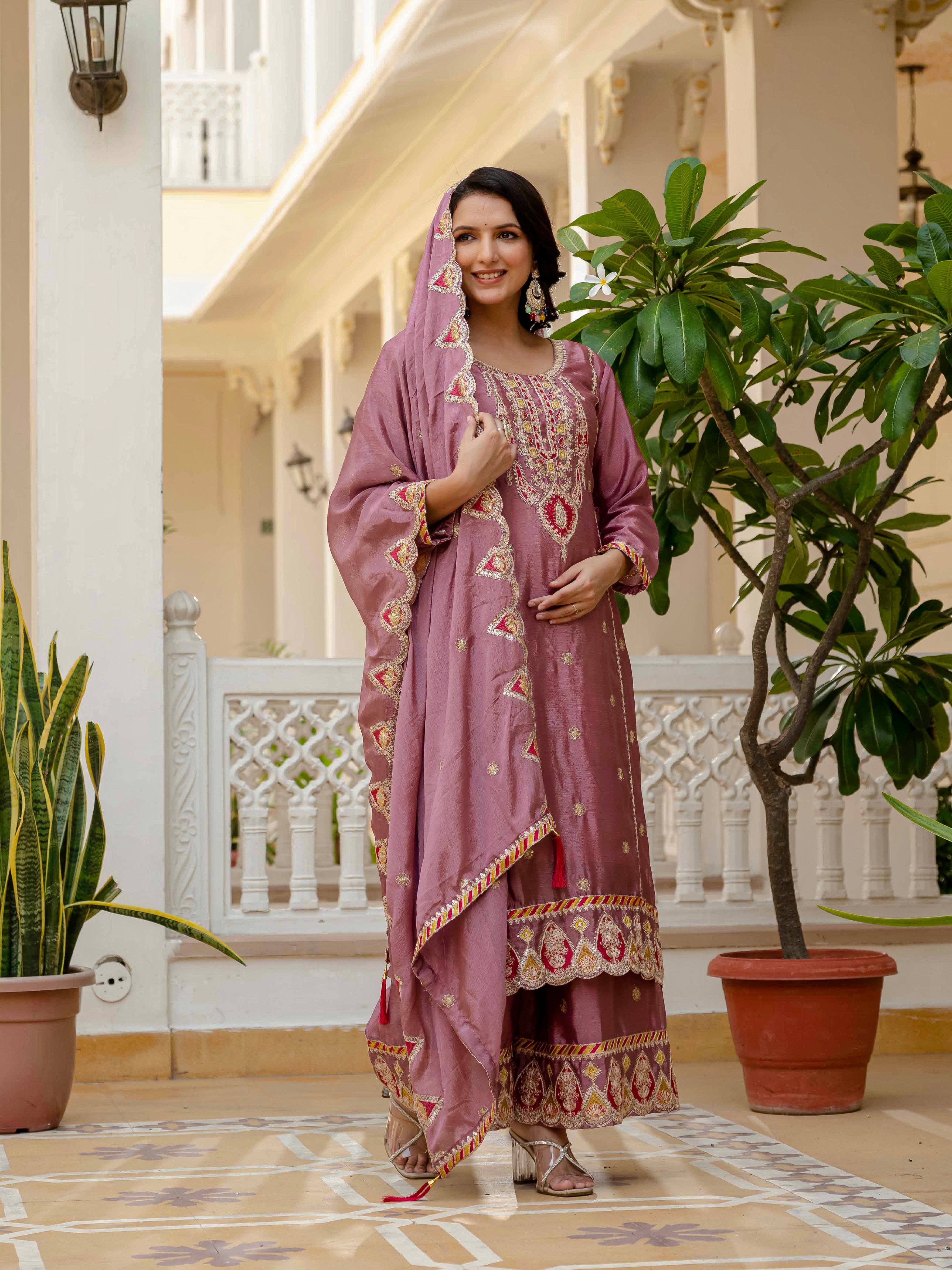 Designer Sequence Embroidery Top with Palazzo & Dupatta