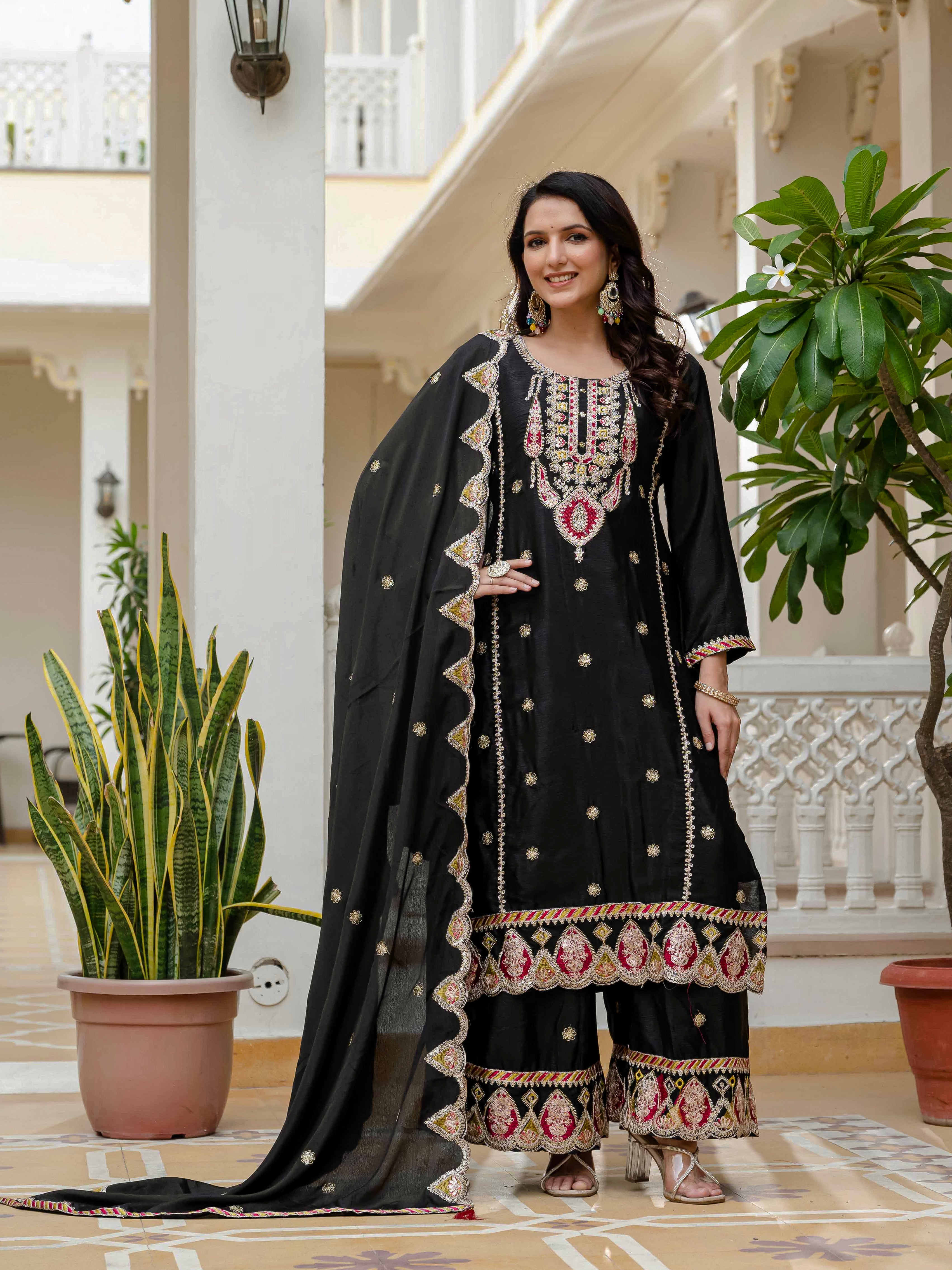 Designer Sequence Embroidery Top with Palazzo & Dupatta