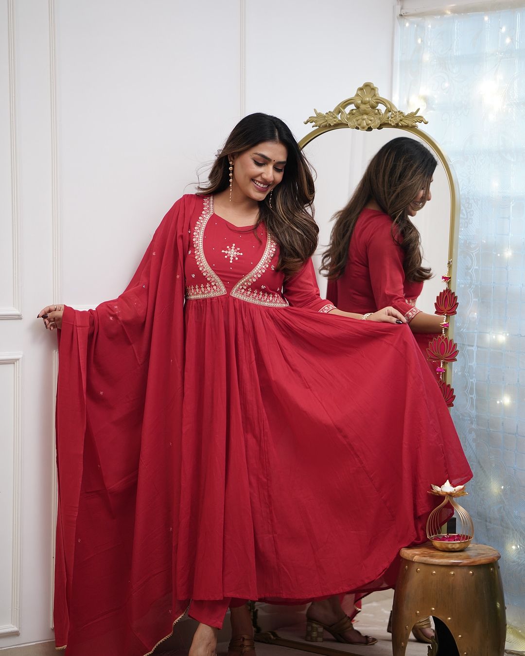 Elegant Muslin Cotton Embroidered Anarkali Gown Set with Chanderi Dupatta