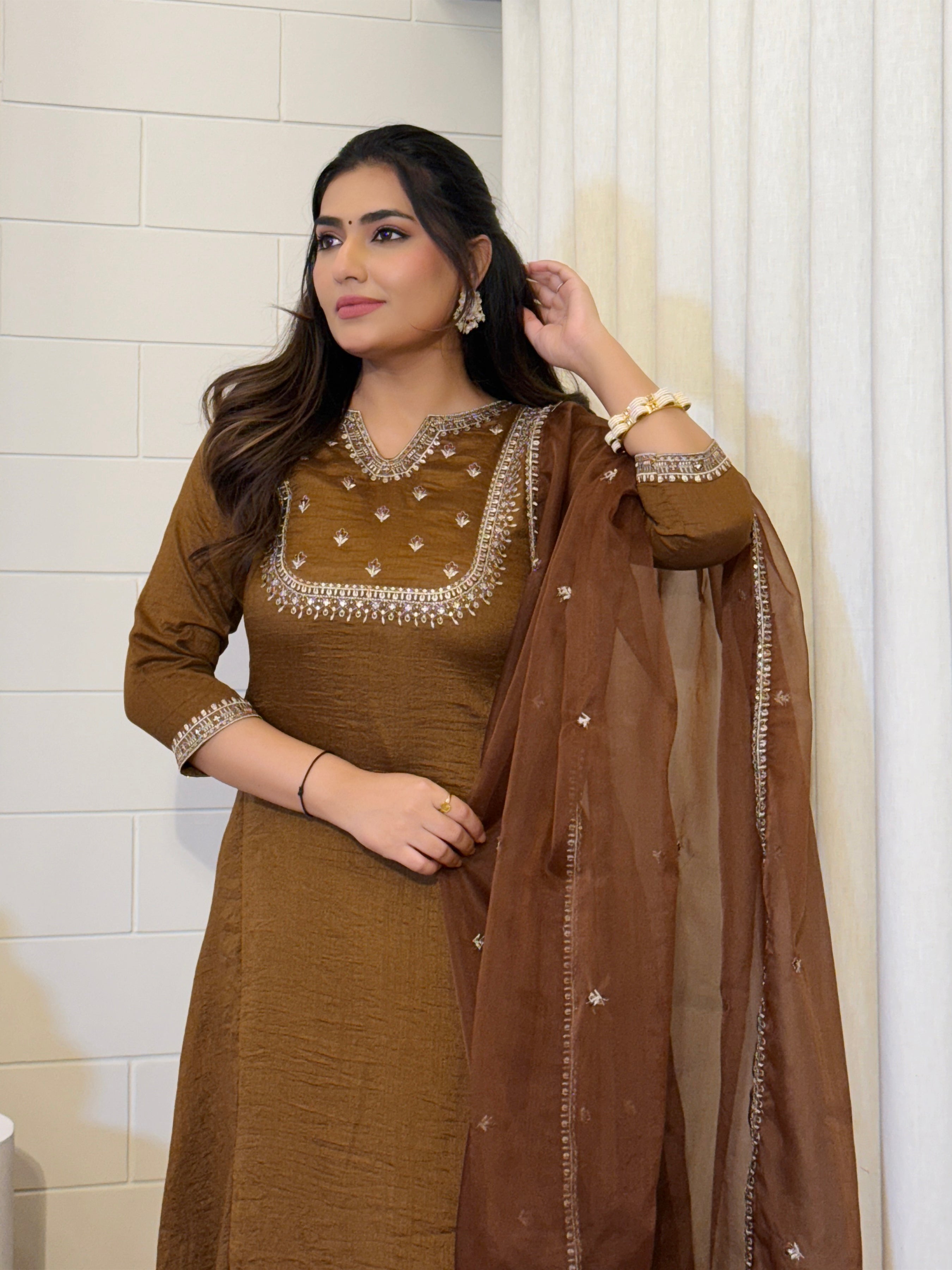 Vichitra Silk Embroidered Kurti, Pant & Dupatta