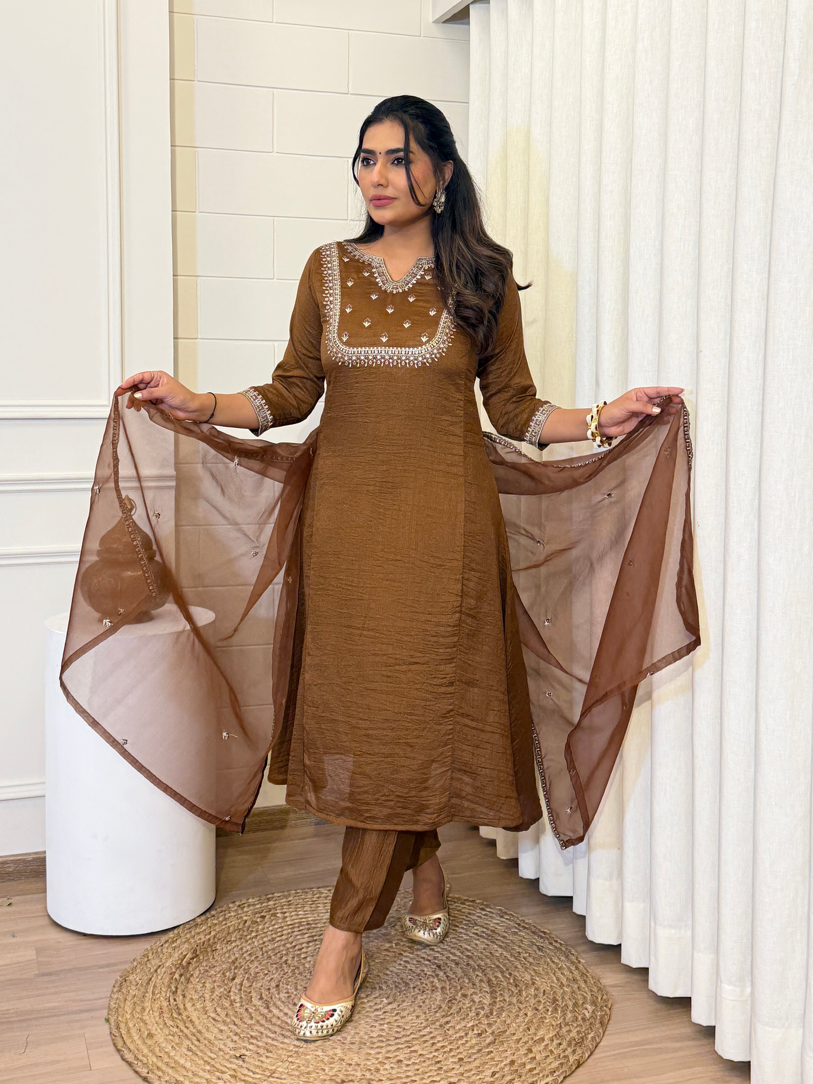 Vichitra Silk Embroidered Kurti, Pant & Dupatta