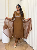Vichitra Silk Embroidered Kurti, Pant & Dupatta