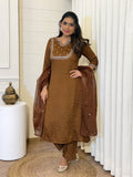 Vichitra Silk Embroidered Kurti, Pant & Dupatta