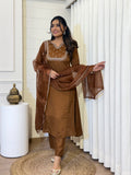 Vichitra Silk Embroidered Kurti, Pant & Dupatta