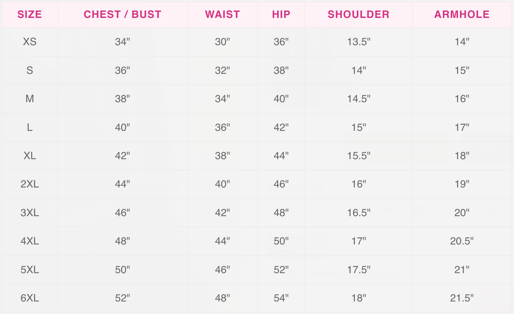 All Size Measurements Are in Inches