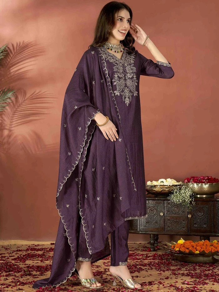 Premium Embroidered Vichitra Silk Kurta Set