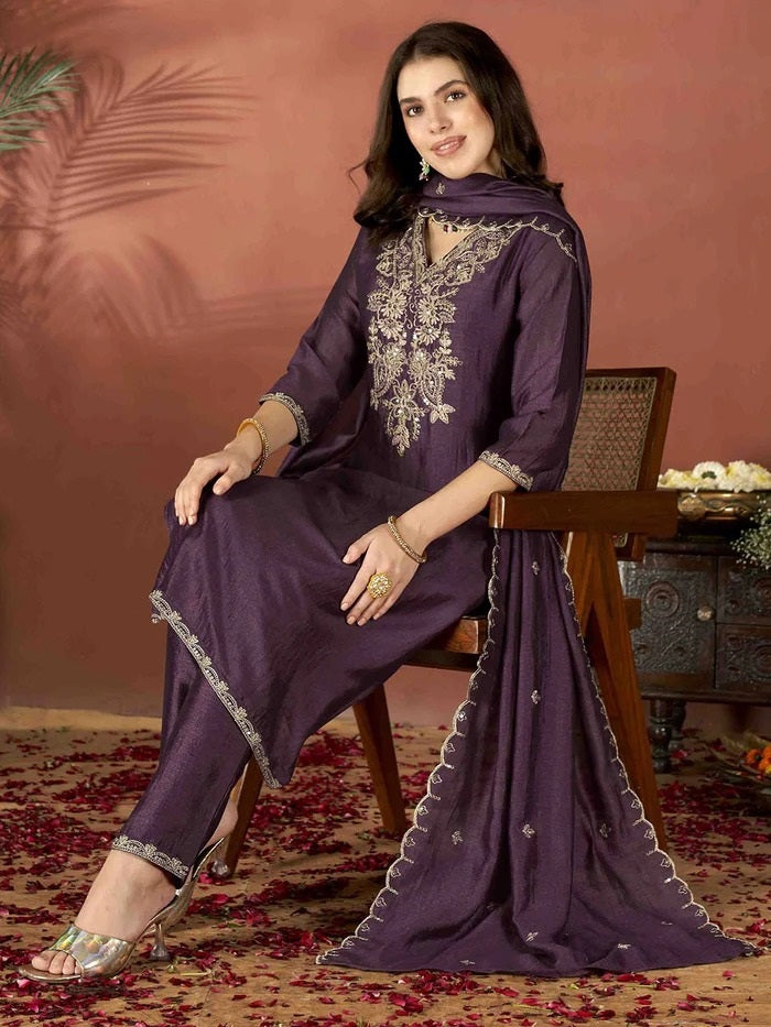 Premium Embroidered Vichitra Silk Kurta Set