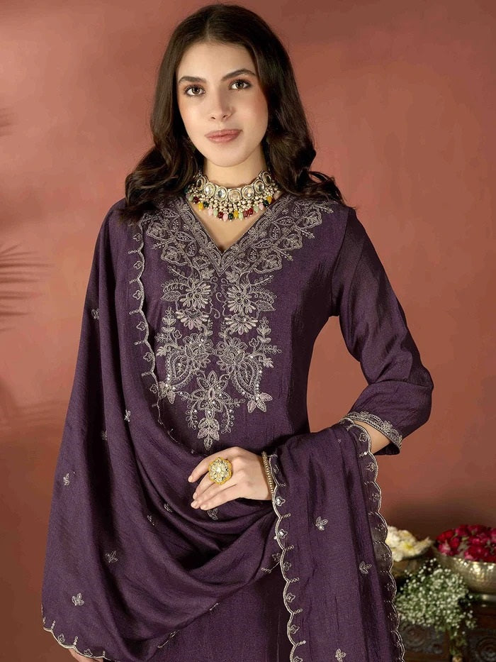 Premium Embroidered Vichitra Silk Kurta Set