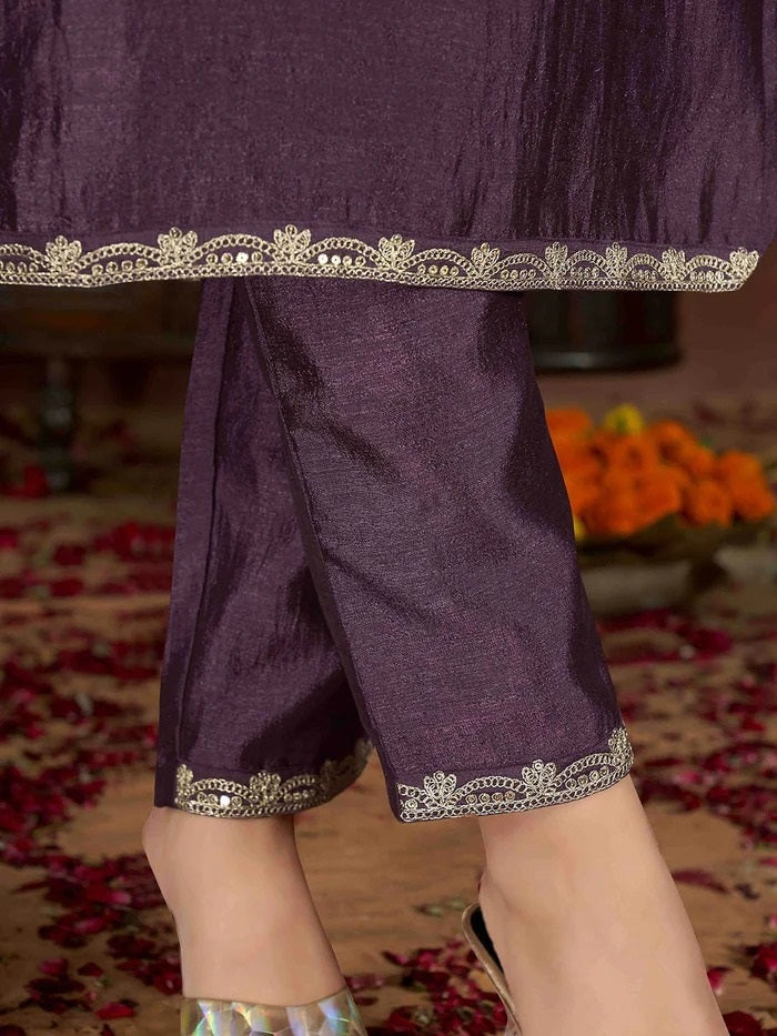 Premium Embroidered Vichitra Silk Kurta Set