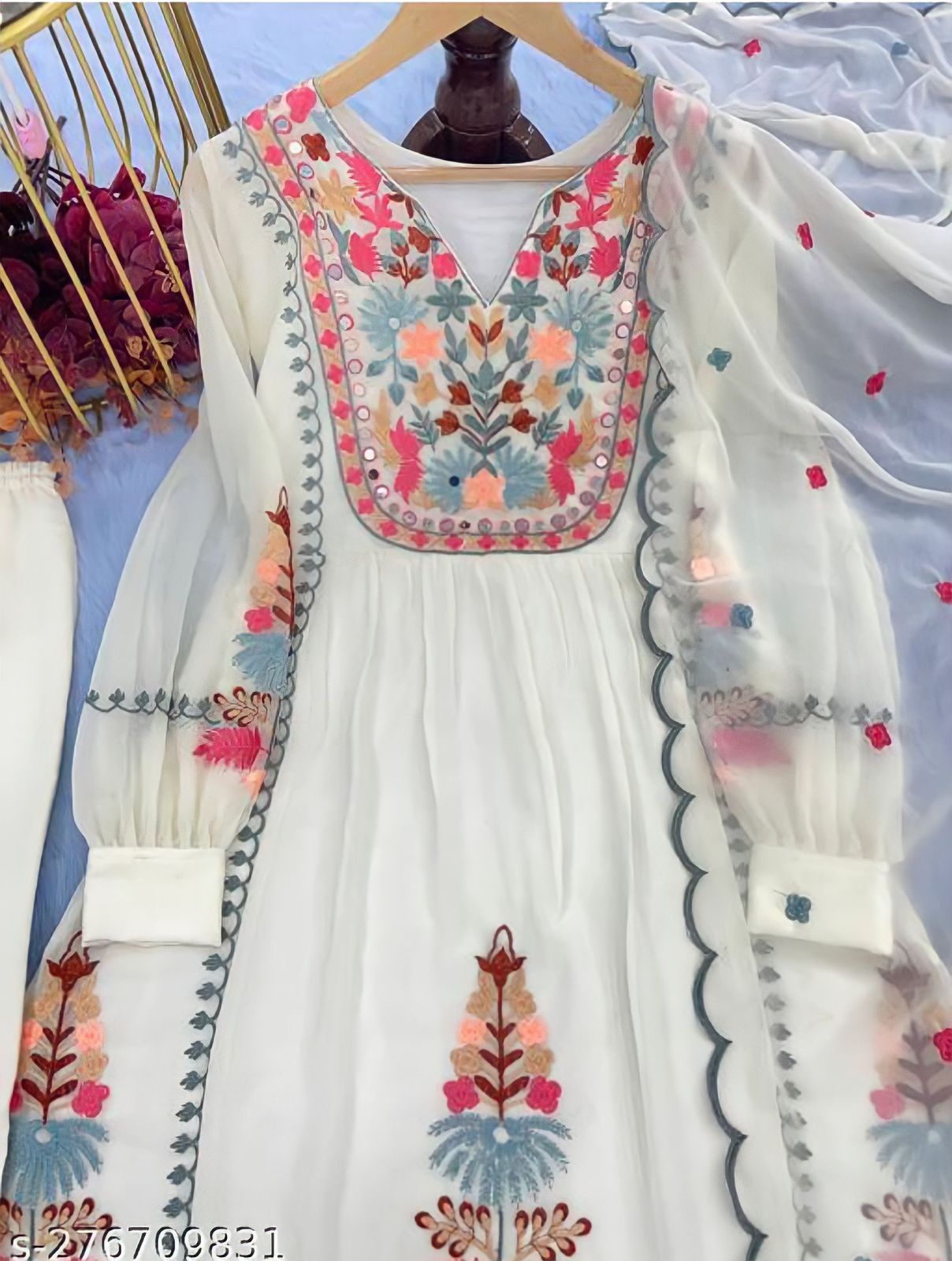 Georgette Embroidered Straight Kurta with Palazzo & Dupatta Set