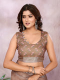 Coffee Brown Floral Linen Shimmer Saree
