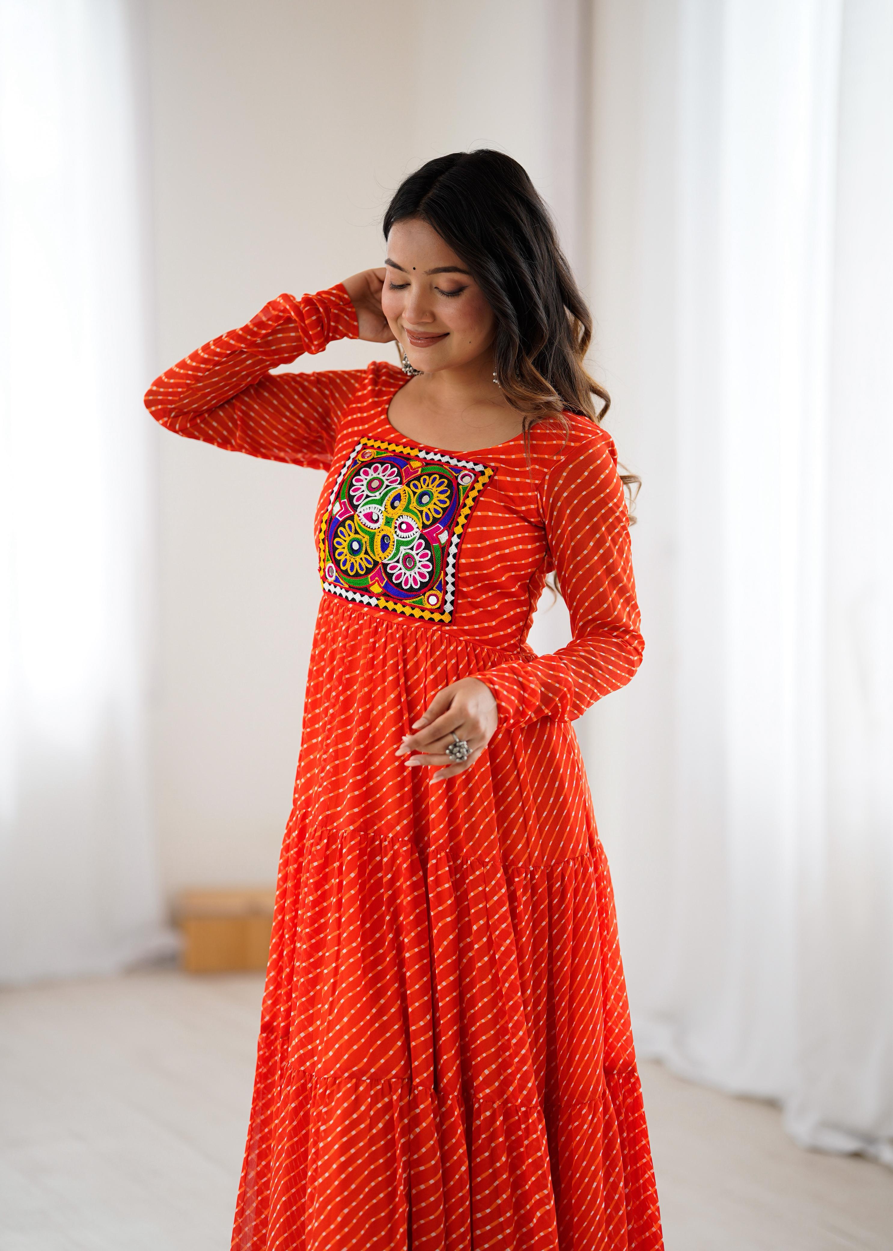 Designer Laheriya Print Anarkali Gown with Gamthi Work