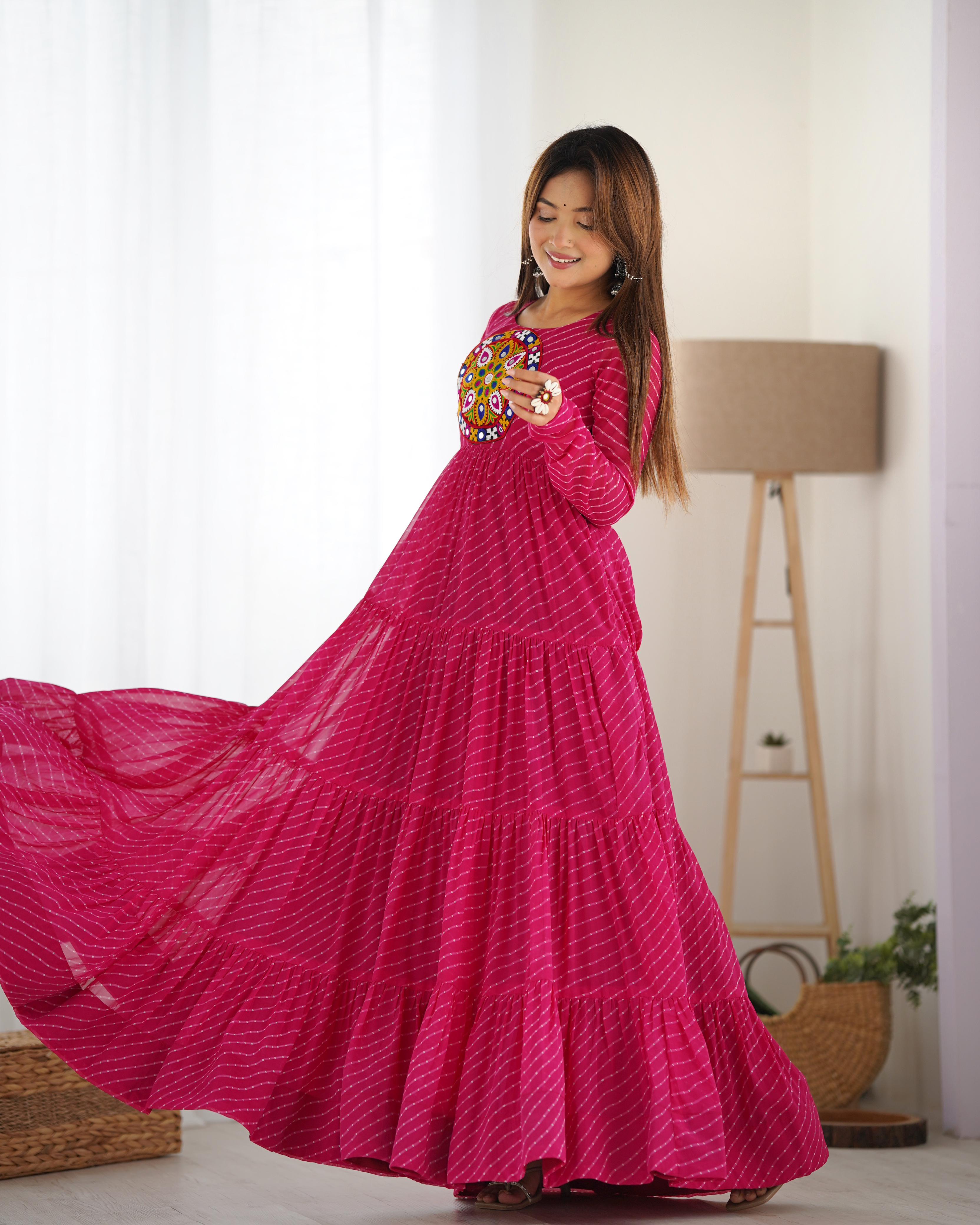 Designer Laheriya Print Anarkali Gown with Gamthi Work