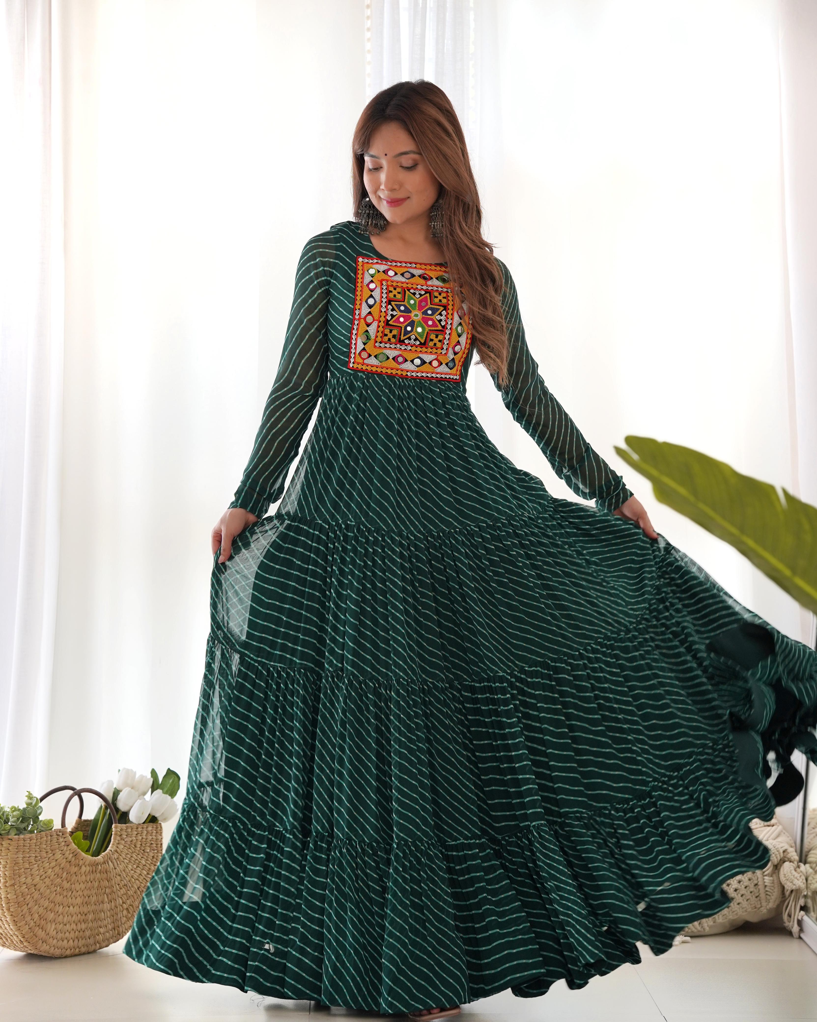 Designer Laheriya Print Anarkali Gown with Gamthi Work