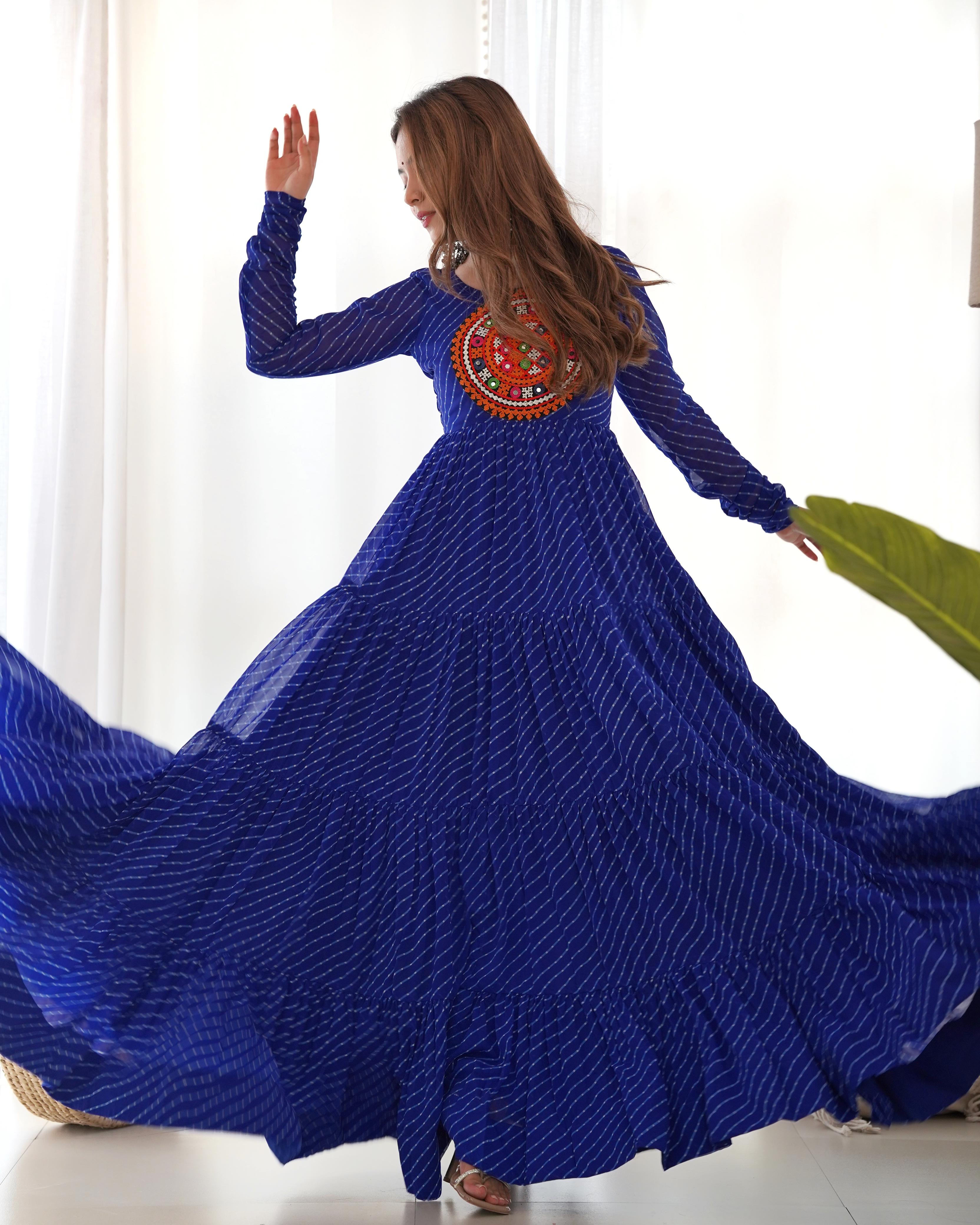 Designer Laheriya Print Anarkali Gown with Gamthi Work