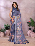 Navy Blue Floral Linen Shimmer Saree