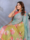 Green & Aqua Floral Print Linen Shimmer Saree