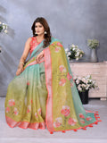 Green & Aqua Floral Print Linen Shimmer Saree