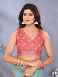 Green & Aqua Floral Print Linen Shimmer Saree