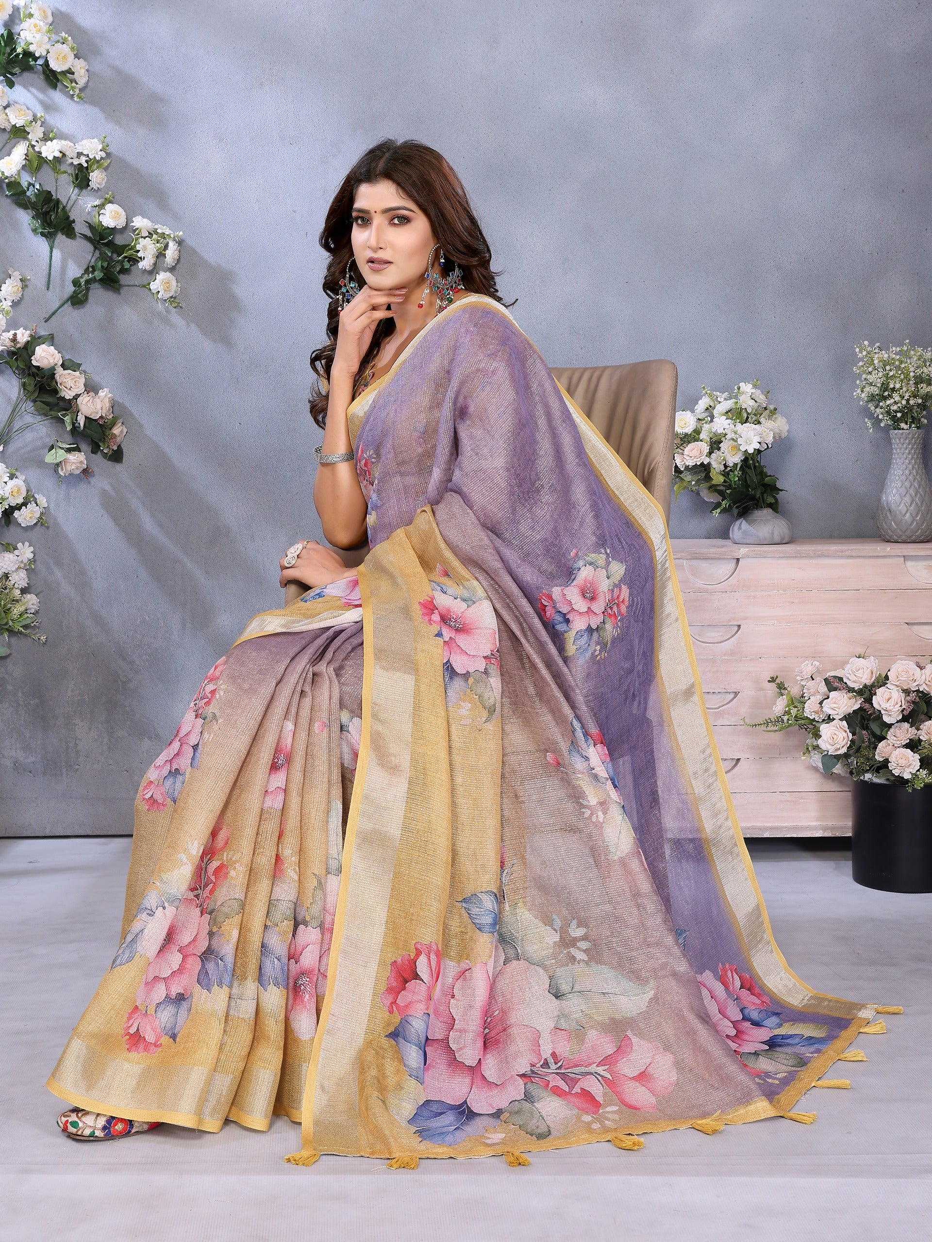Yellow & Lavender Floral Print Linen Shimmer Saree