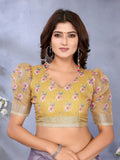 Yellow & Lavender Floral Print Linen Shimmer Saree
