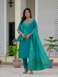 Premium Roman Silk Embroidered Kurti Pant Dupatta Set – Jacquard Meena Dupatta