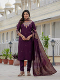Premium Roman Silk Embroidered Kurti Pant Dupatta Set – Jacquard Meena Dupatta
