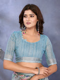 Sky Blue Multicolor Floral Print Linen Shimmer Saree