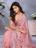 Pink Floral Print Linen Shimmer Saree
