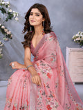 Pink Floral Print Linen Shimmer Saree