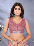 Pink Floral Print Linen Shimmer Saree