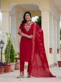 Premium Roman Silk Embroidered Kurti Pant Dupatta Set – Jacquard Dupatta