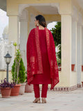 Premium Roman Silk Embroidered Kurti Pant Dupatta Set – Jacquard Dupatta