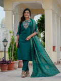 Premium Roman Silk Embroidered Kurti Pant Dupatta Set – Jacquard Dupatta