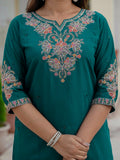 Premium Roman Silk Embroidered Kurti Pant Dupatta Set – Jacquard Dupatta