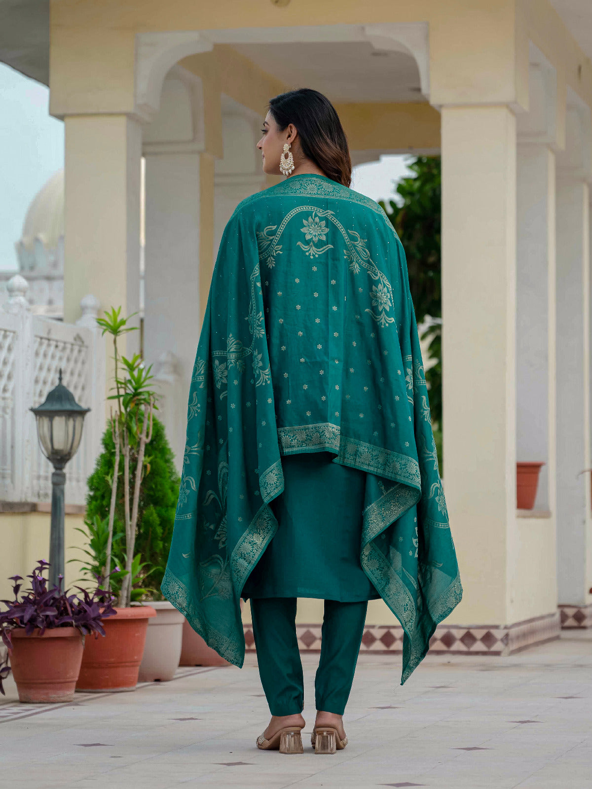 Premium Roman Silk Embroidered Kurti Pant Dupatta Set – Jacquard Dupatta
