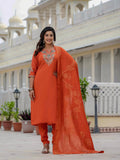 Premium Roman Silk Embroidered Kurti Pant Dupatta Set – Jacquard Dupatta