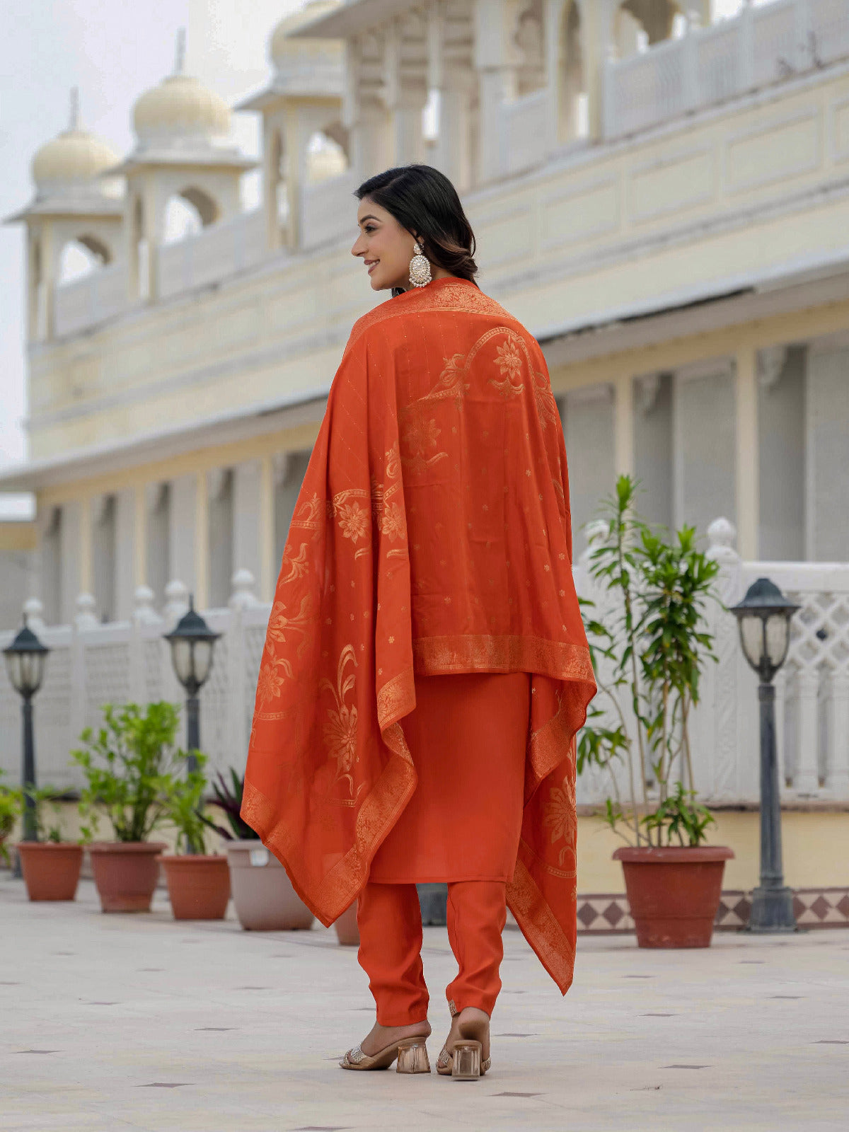Premium Roman Silk Embroidered Kurti Pant Dupatta Set – Jacquard Dupatta