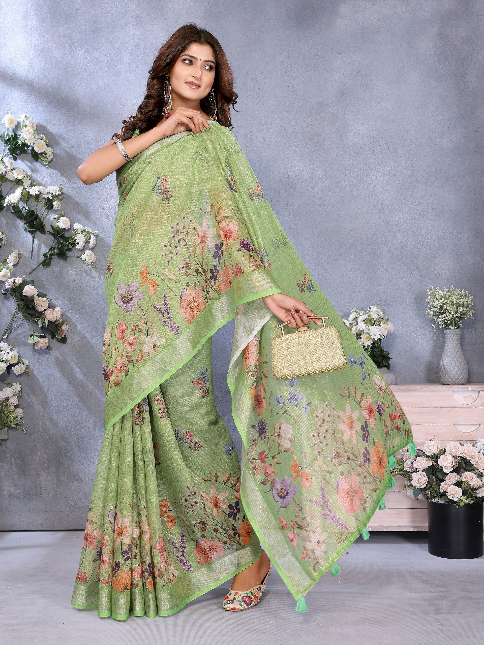 Lime Green Floral Printed Saree