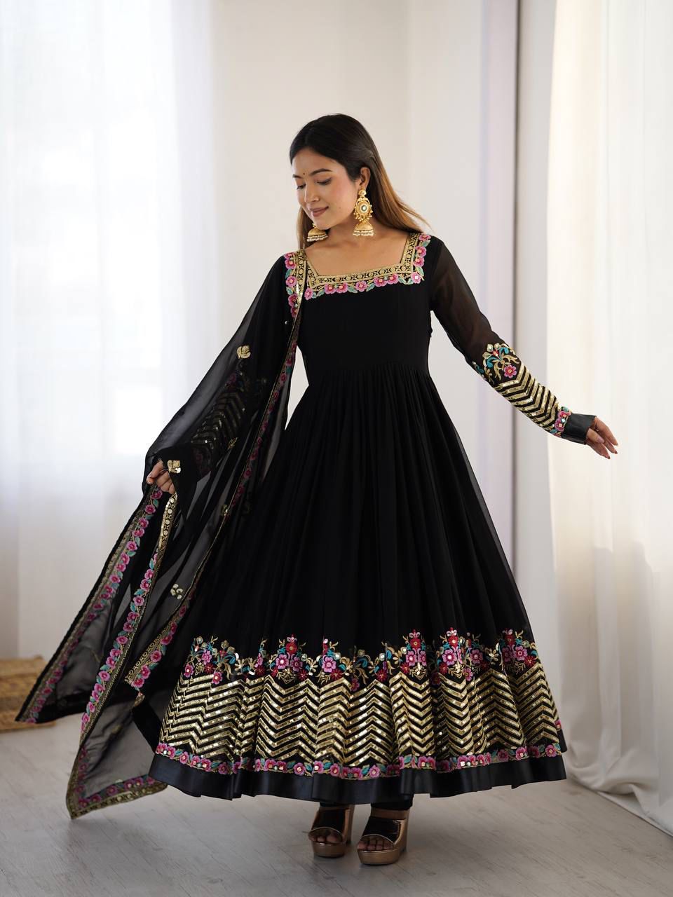 Elegant Embroidered Sequence Anarkali Three Piece Set