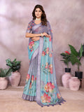 Aqua Blue Floral Printed Saree
