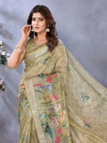 Olive Green Floral Printed Saree